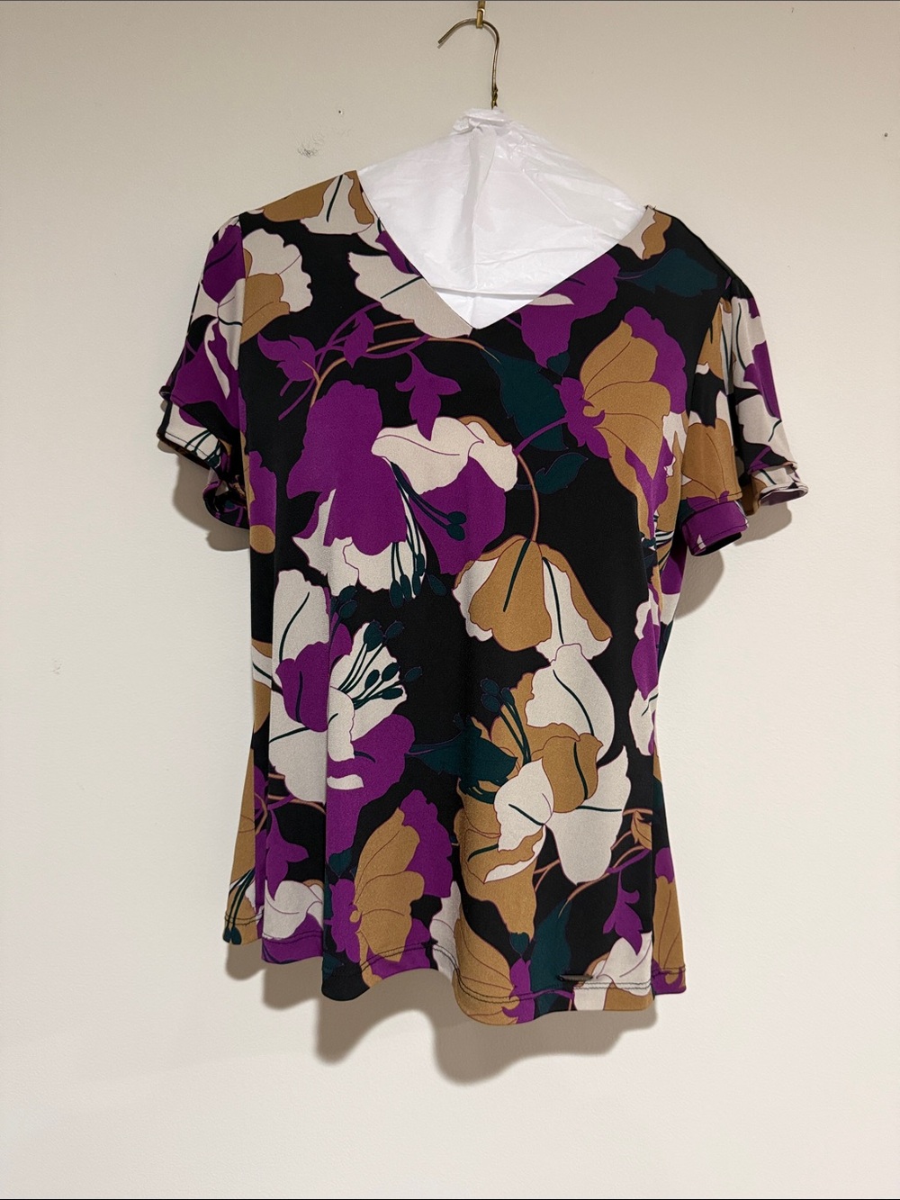 Calvin Klein Black Floral V-Neck Blouse with Purple and Tan Accents